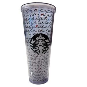 Starbucks Christmas Clear Tumbler with Black and Red Fa La La Script. 24 oz